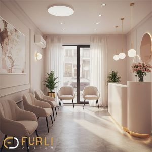 سالن انتظار و پذیرش کلینیک زیبایی با نور طبیعی و مبلمان ارگونومیک