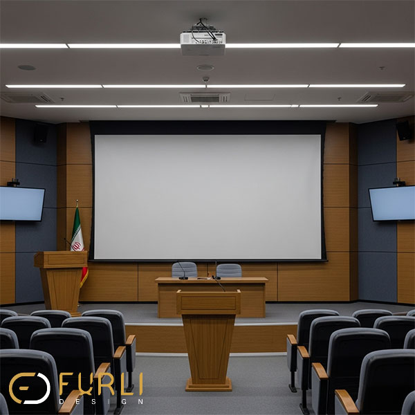 تجهیز سالن کنفرانس مدرن با تجهیزات تصویری شامل ویدئو پروژکتور، پرده نمایش و مانیتور جانبی