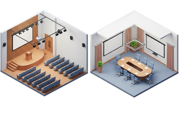 تصویر ایزومتریک مقایسه سالن همایش با صندلی‌های ردیفی و سالن کنفرانس با میز مرکزی و صندلی مدیریتی