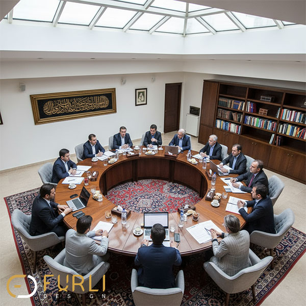 نمایی از بالا از یک جلسه با چیدمان صندلی در سالن کنفرانس به شکل میز گرد، نشان‌دهنده تاثیر چیدمان صندلی در سالن کنفرانس بر تعامل شرکت‌کنندگان